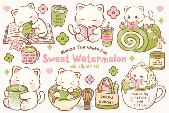 Download Kawaii Bookish Matcha Cat Clipart - Match Collection