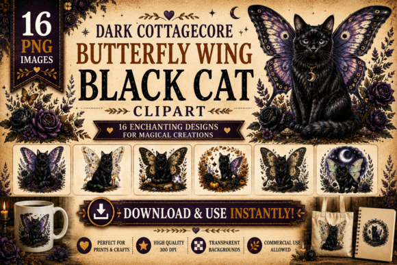 Download Dark Cottagecore Wing Black Cat Clipart - Black cat clipart Collection