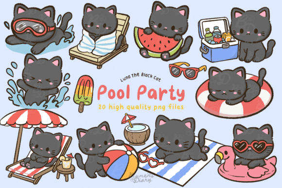 Download Kawaii Pool Party Black Cat Clipart - Black cat clipart Collection