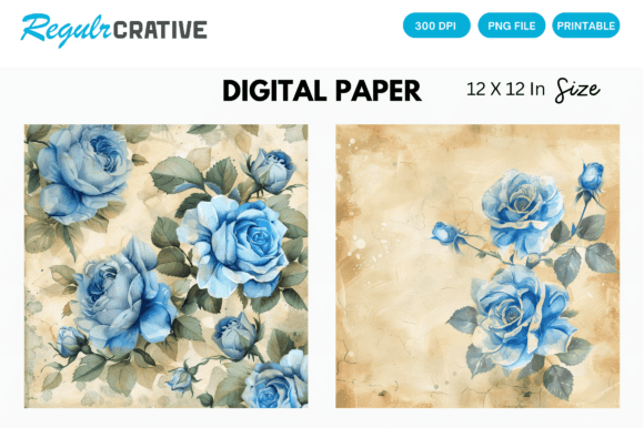 Download Watercolor Blue Rose Digital Paper Pack - Premium Resources